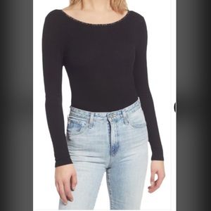 NWT Socialite Ribbed Lace Trim Black Long Sleeve Bodysuit Size Medium